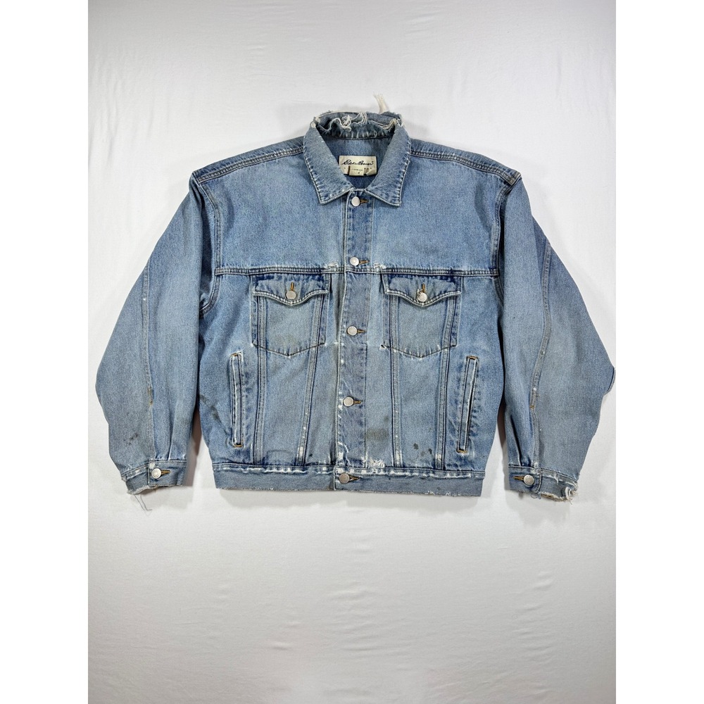 Vintage Eddie Bauer Mens Denim Jacket Light Wash Distressed Trucker Medium 0004